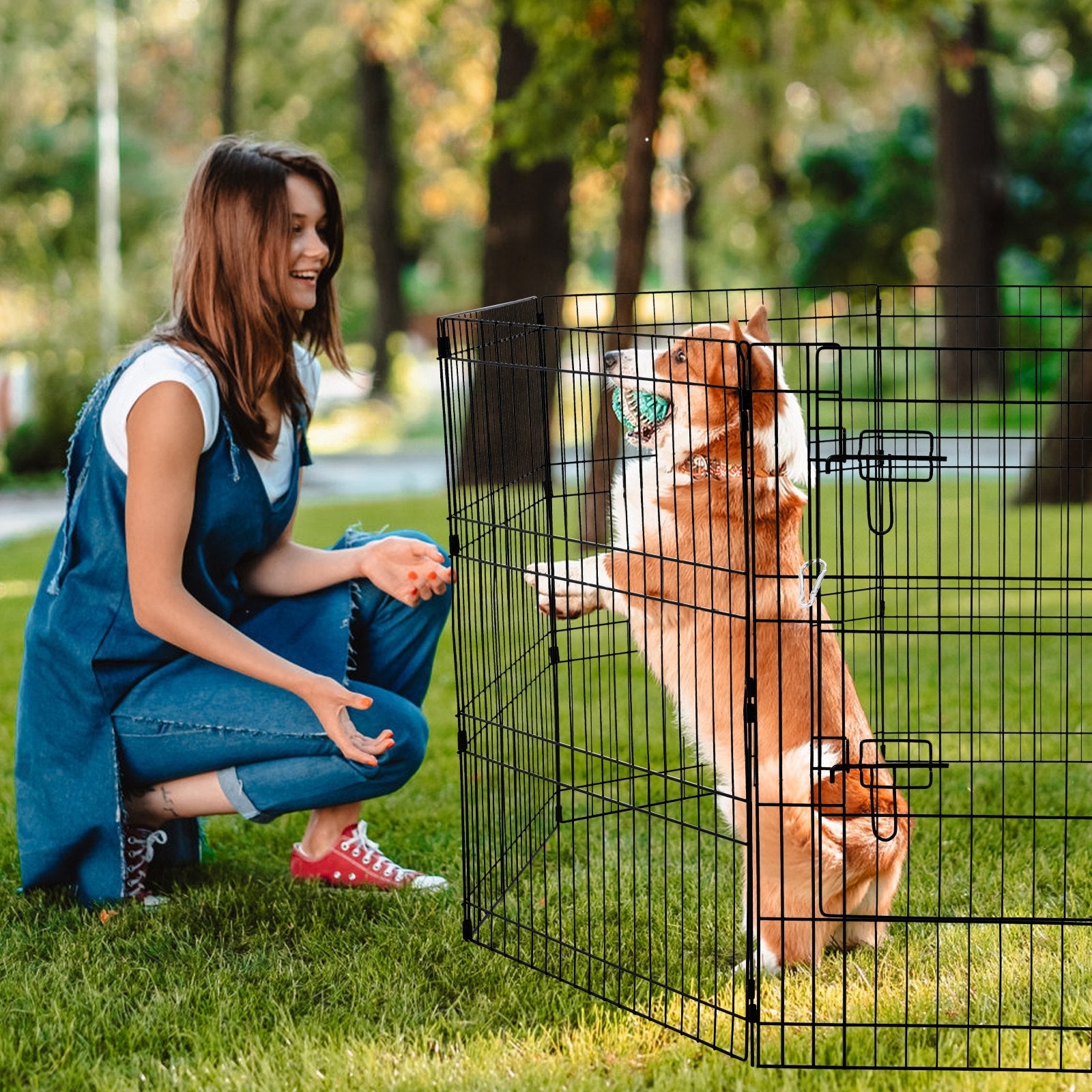 KFX-1137981 Foldable 8-Panel Metal Dog Exercise Playpen with Waterproof Cover, 30" Height, Perfect for Medium Pets