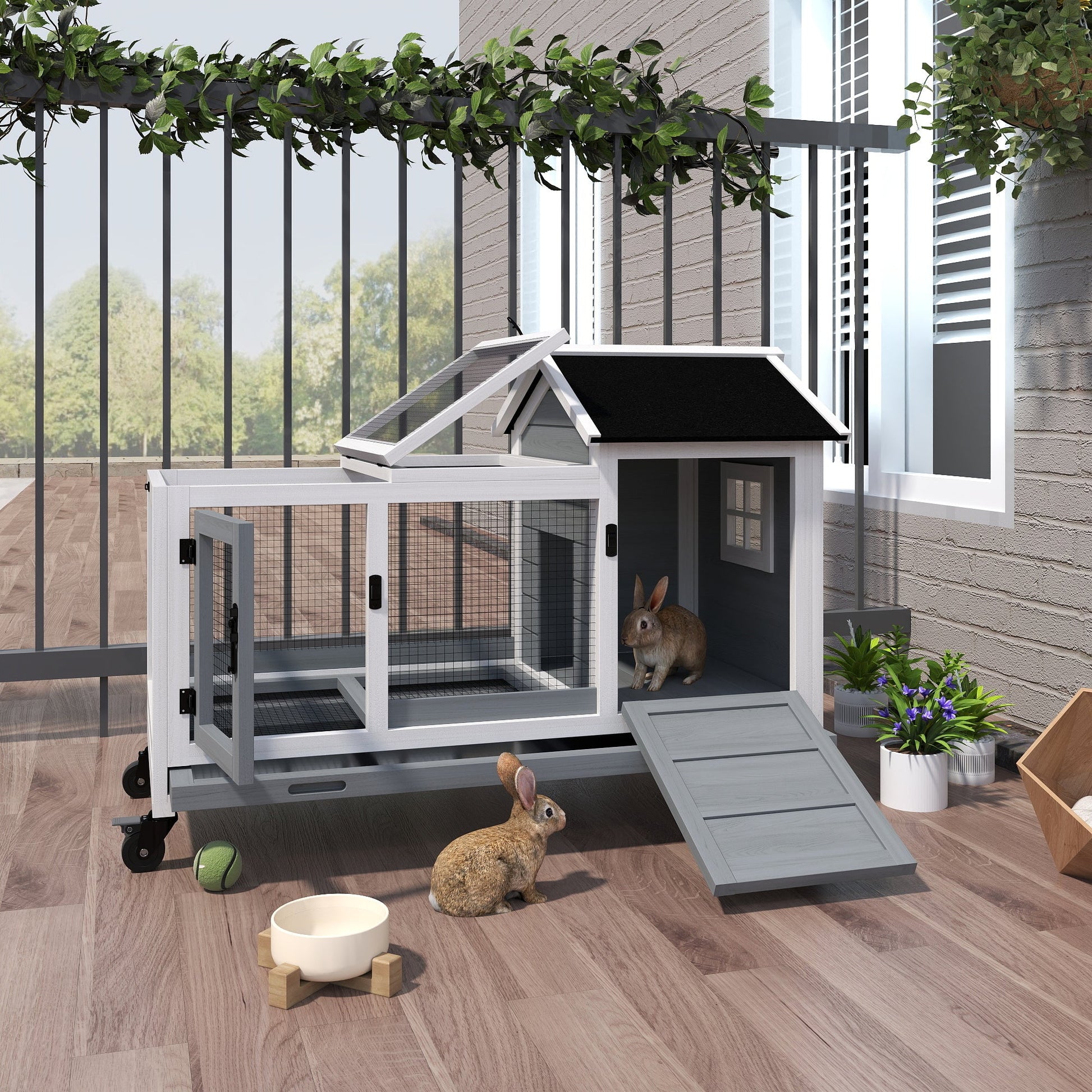 KFX-1145789 Spacious Wooden Rabbit Hutch with Wheels and Removable Tray for Small Animals