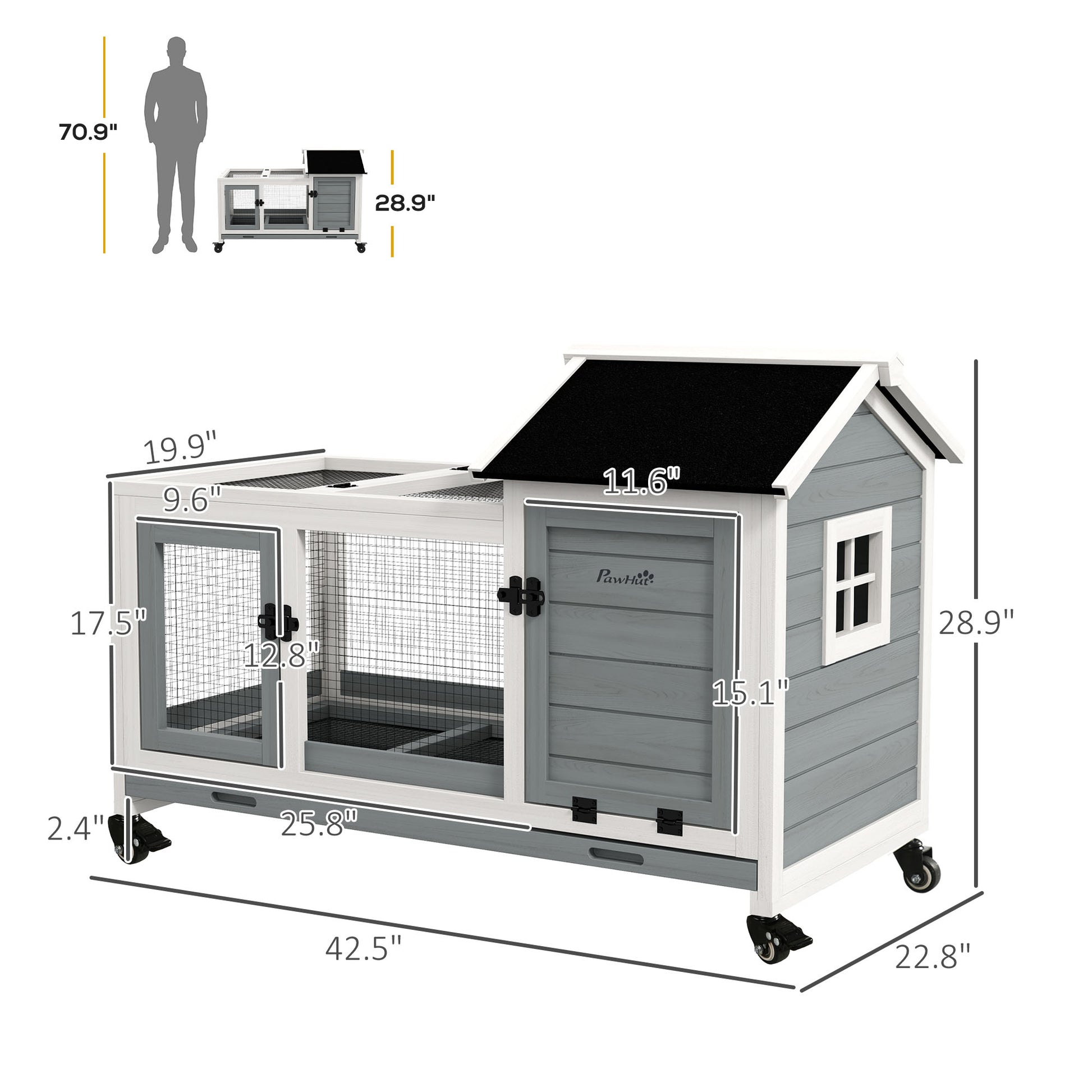 KFX-1145789 Spacious Wooden Rabbit Hutch with Wheels and Removable Tray for Small Animals
