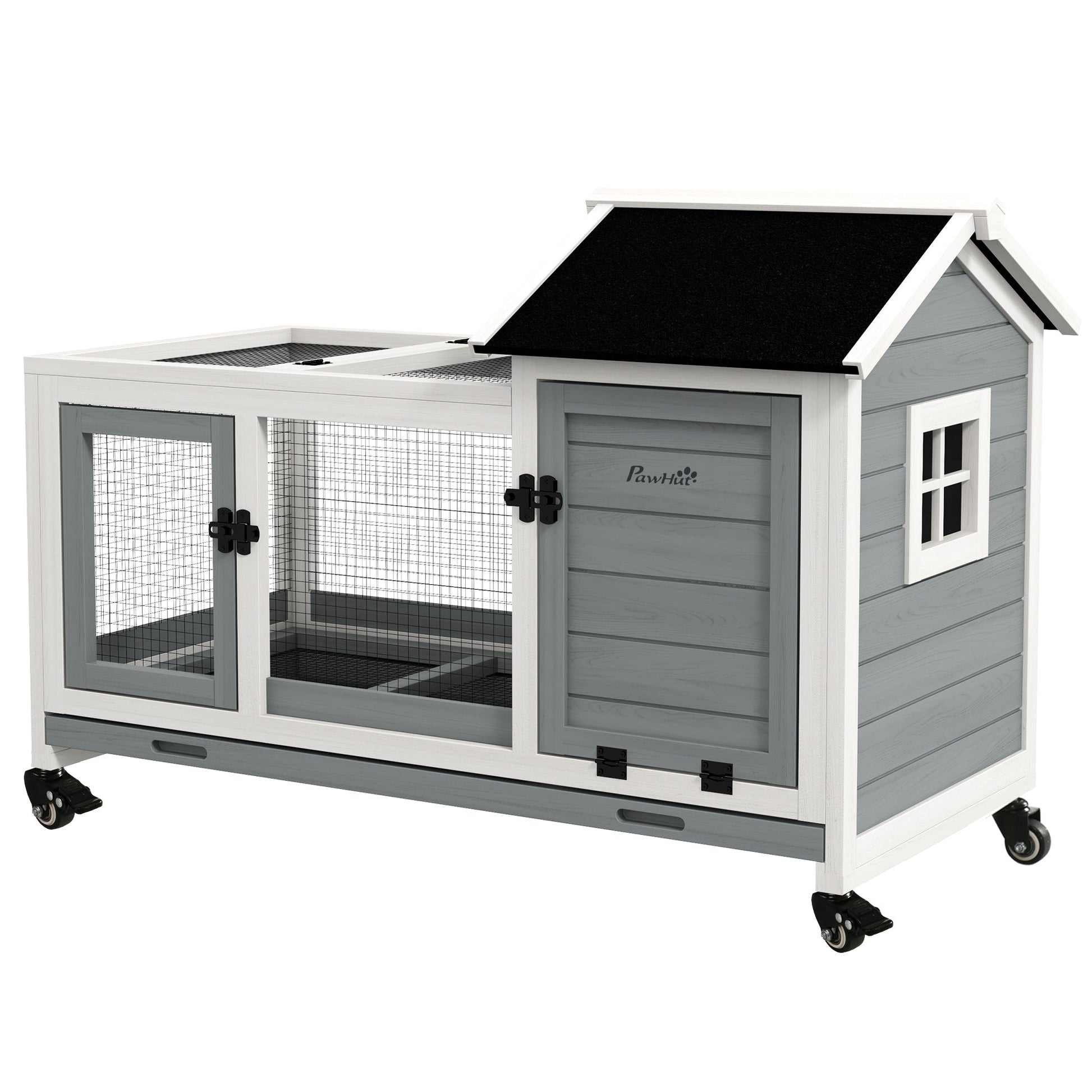 KFX-1145789 Spacious Wooden Rabbit Hutch with Wheels and Removable Tray for Small Animals