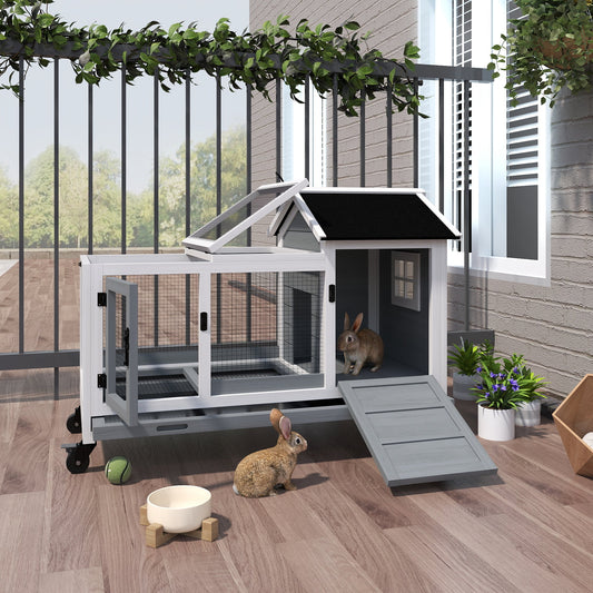 KFX-1145789 Spacious Wooden Rabbit Hutch with Wheels and Removable Tray for Small Animals