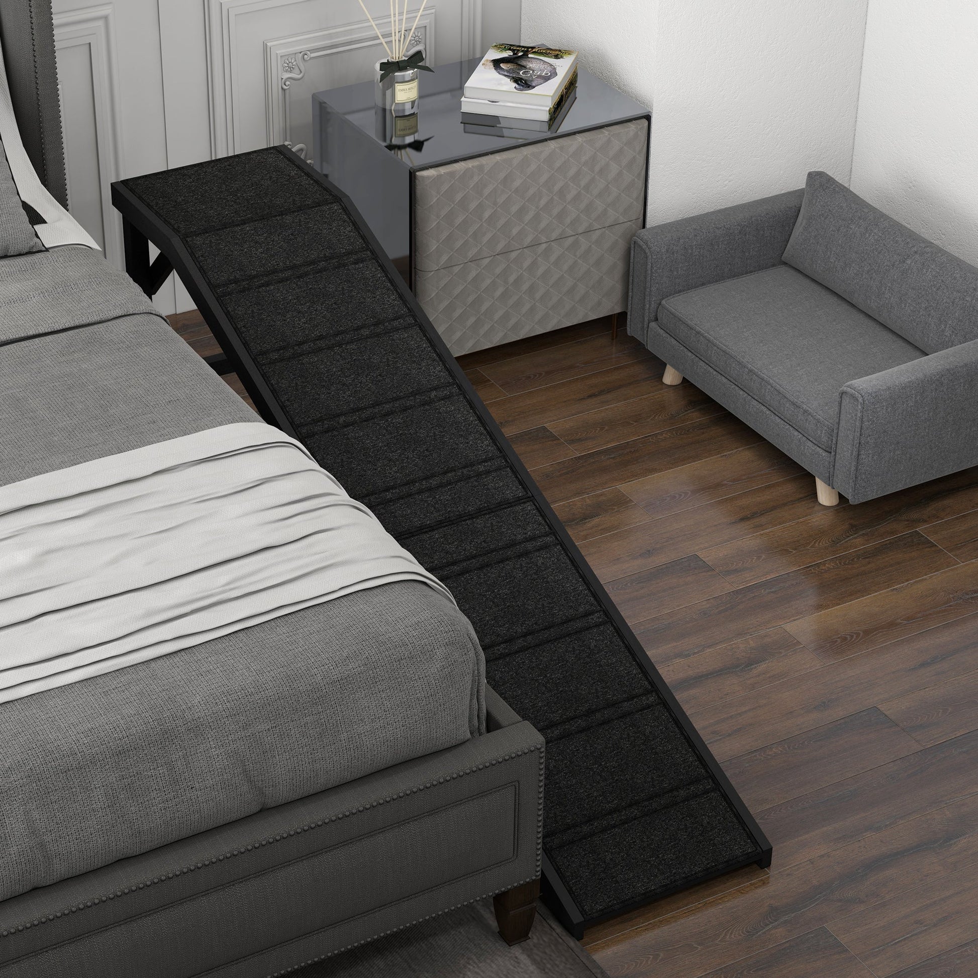 KFX-1147581 Non-Slip Carpet Pet Ramp with Platform for Dogs and Cats, Black 74" x 16" x 25"
