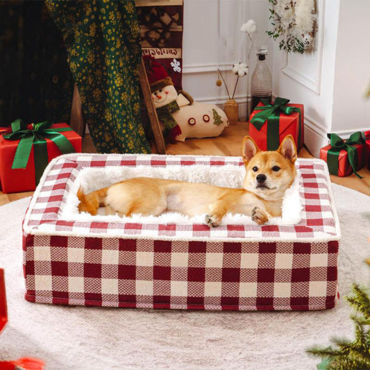 KFX-1151933 Classic Plaid Removable Washable Dog Cushion - Available in Red, Blue, Black, Brown