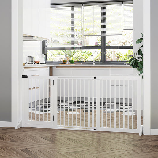 KFX-1153341 Adjustable Freestanding Wooden Pet Gate with Lockable Door - 3 Panels, White