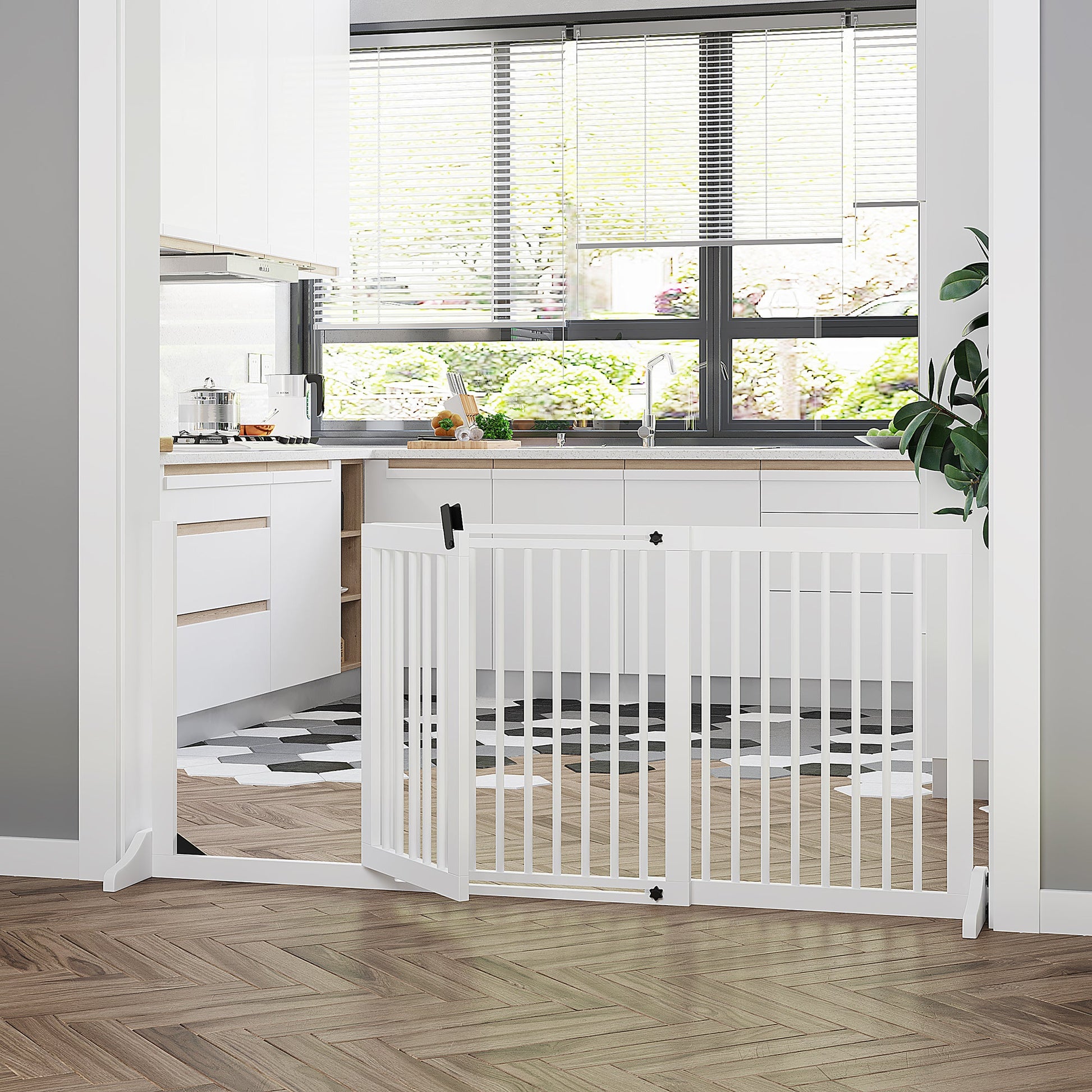 KFX-1153341 Adjustable Freestanding Wooden Pet Gate with Lockable Door - 3 Panels, White