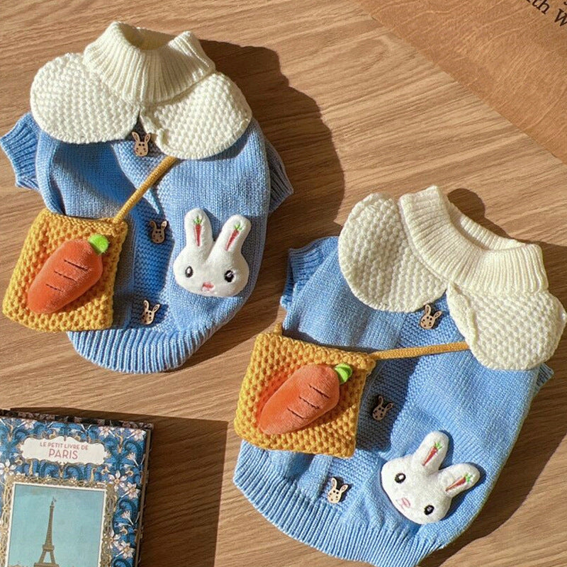 KFX-1155645 Cozy Knitted Pet Sweater for Fall and Winter - Blue Rabbit Design for Dogs and Cats