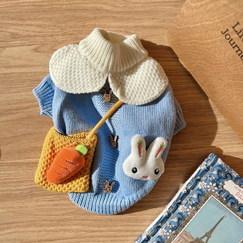 KFX-1155645 Cozy Knitted Pet Sweater for Fall and Winter - Blue Rabbit Design for Dogs and Cats