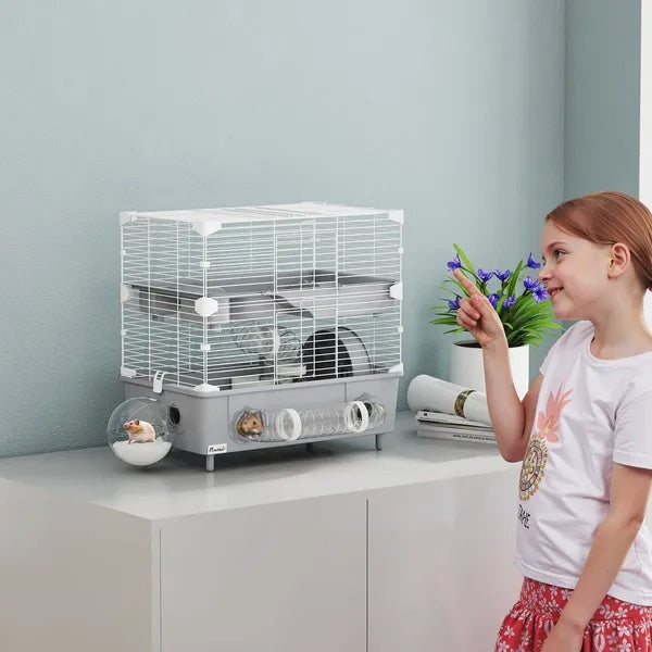 KFX-1167037 2-Tier Hamster Cage with Sand Bathroom, Running Wheel, and Water Bottle for Small Hamsters