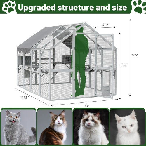 KFX-1172797 Spacious Outdoor Cat Room 110” Play Fence with Waterproof Cover and Multi-Level Design