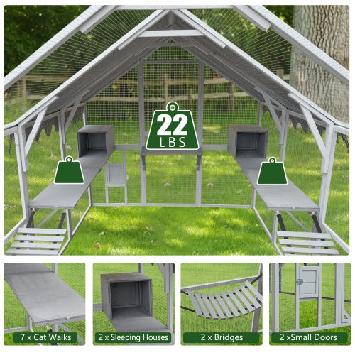 KFX-1172797 Spacious Outdoor Cat Room 110” Play Fence with Waterproof Cover and Multi-Level Design