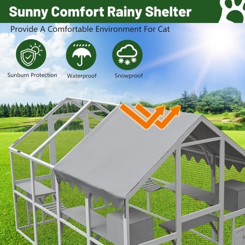 KFX-1172797 Spacious Outdoor Cat Room 110” Play Fence with Waterproof Cover and Multi-Level Design