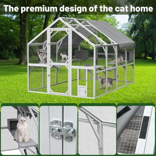 KFX-1172797 Spacious Outdoor Cat Room 110” Play Fence with Waterproof Cover and Multi-Level Design