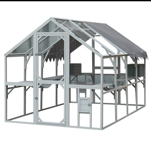 KFX-1172797 Spacious Outdoor Cat Room 110” Play Fence with Waterproof Cover and Multi-Level Design
