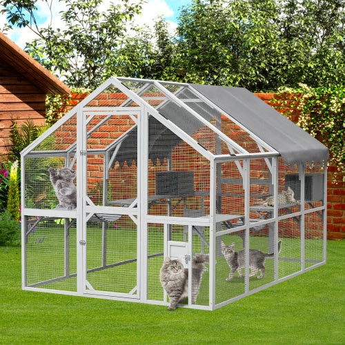 KFX-1172797 Spacious Outdoor Cat Room 110” Play Fence with Waterproof Cover and Multi-Level Design