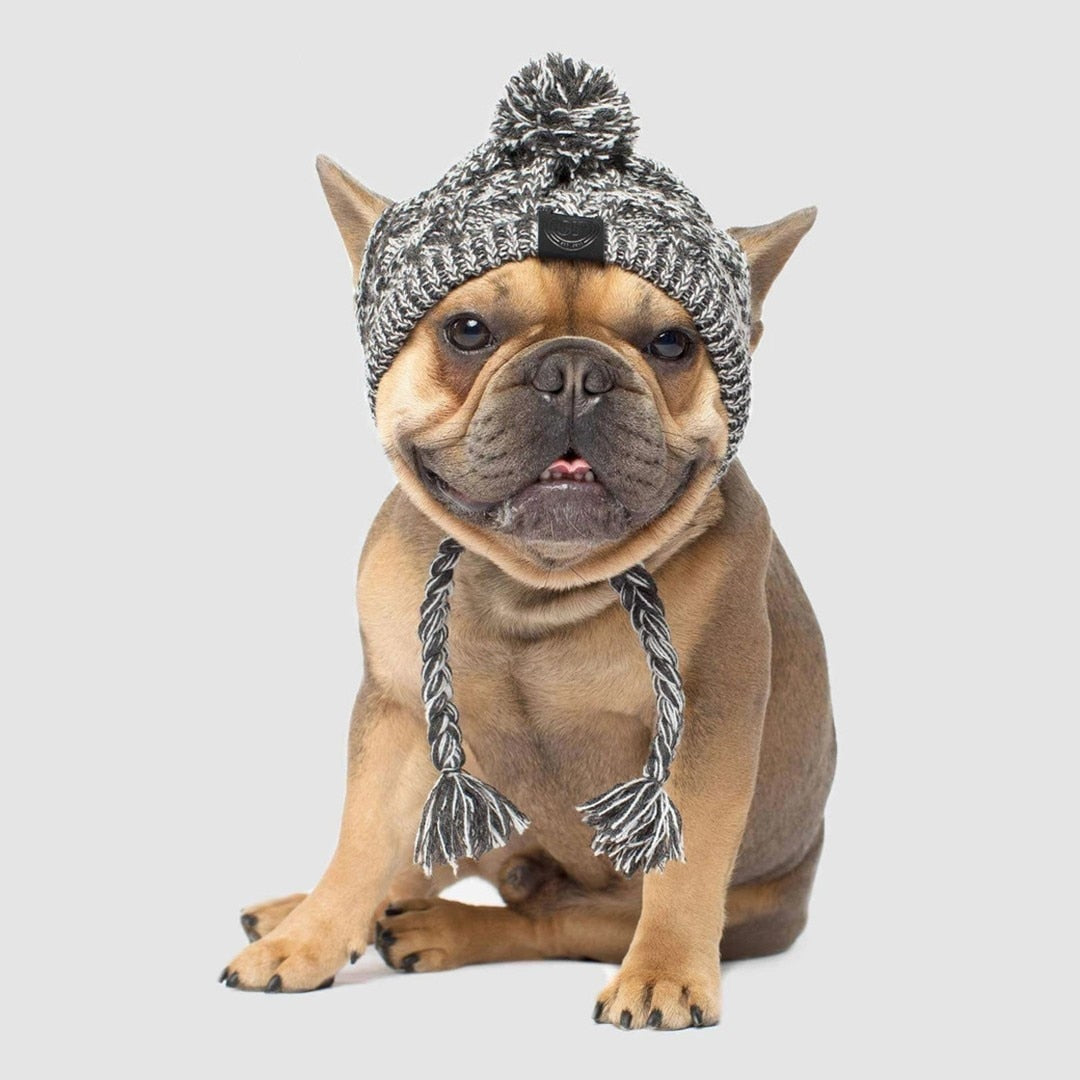 KFX-1173949 Two-Tone Windproof Fluffy Knitted Dog Hat with Pom Poms and Ear Slits
