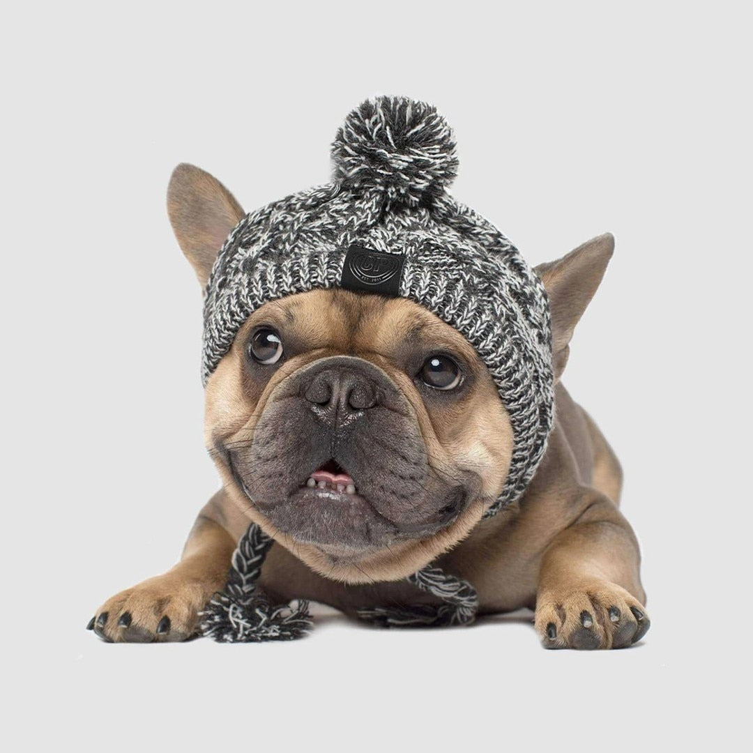 KFX-1173949 Two-Tone Windproof Fluffy Knitted Dog Hat with Pom Poms and Ear Slits