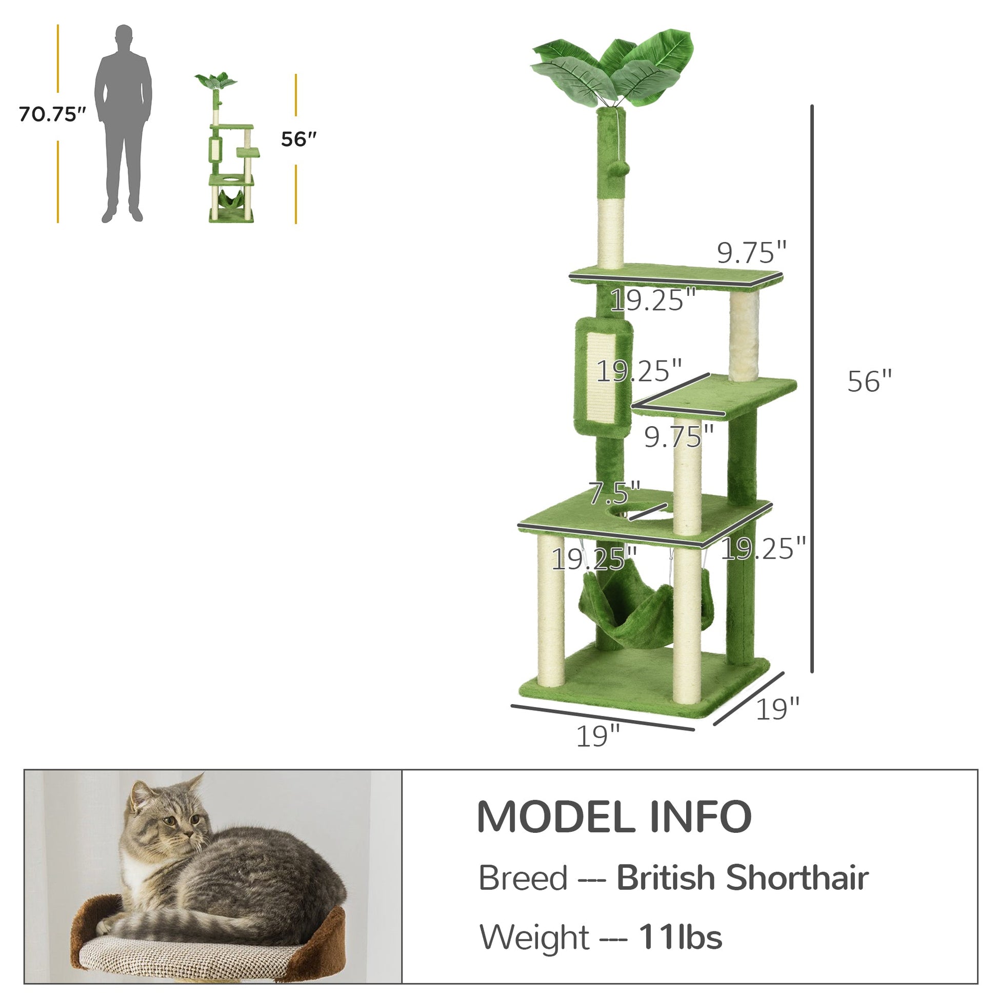 KFX-1178173 Indoor Cat Tree with Hammock, Multi-Level Activity Center, Natural Sisal Scratching Posts, Cozy Condos and Perches for Cats Up to 11 lbs