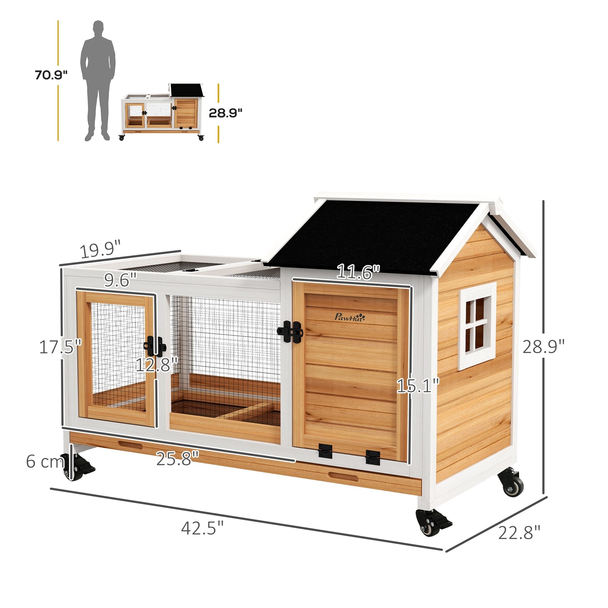 KFX-1178557 Yellow Wooden Rabbit Hutch with Wheels and Slide-out Tray for Small Animals