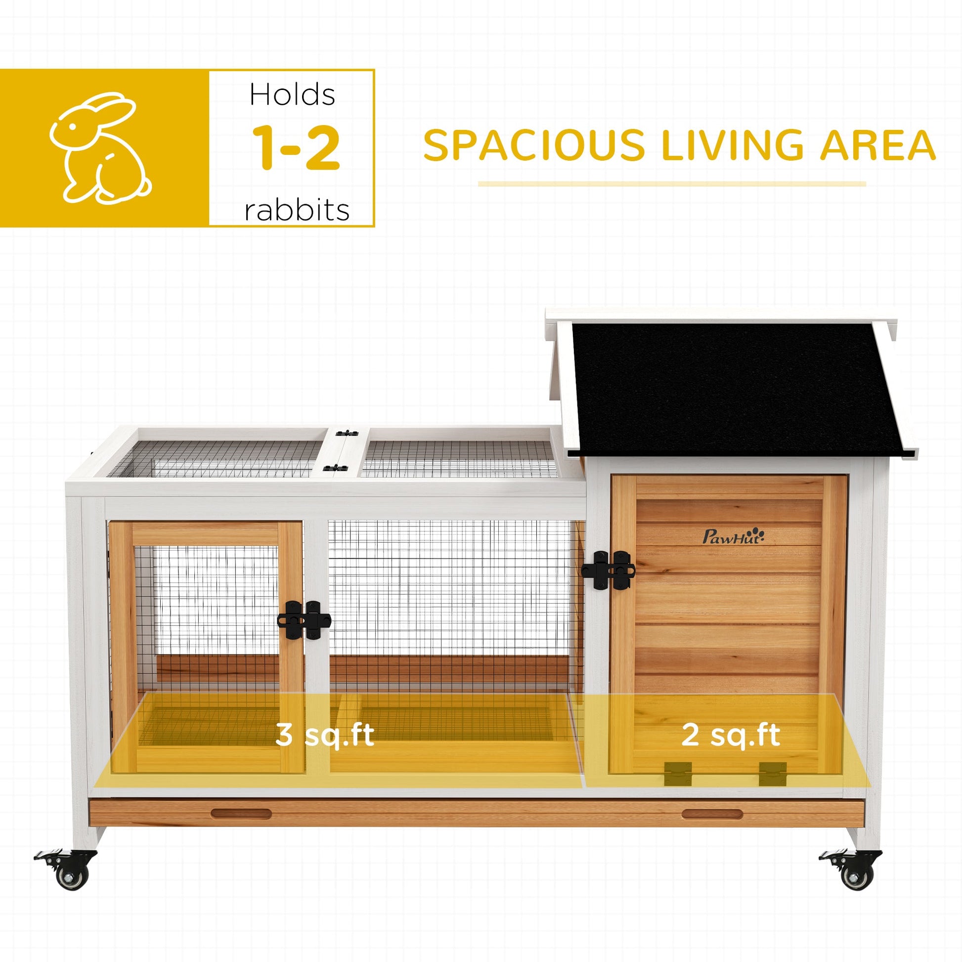 KFX-1178557 Yellow Wooden Rabbit Hutch with Wheels and Slide-out Tray for Small Animals
