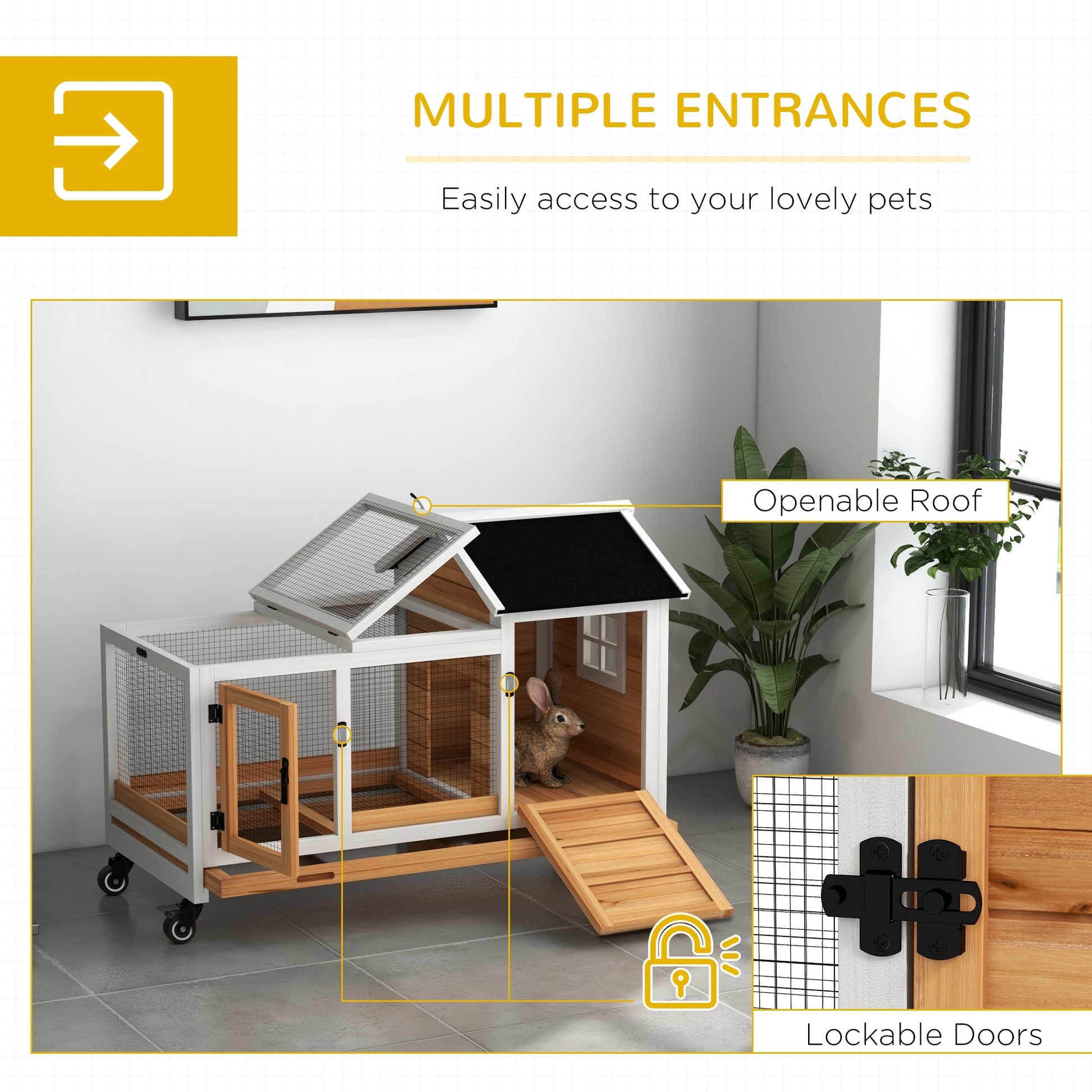 KFX-1178557 Yellow Wooden Rabbit Hutch with Wheels and Slide-out Tray for Small Animals