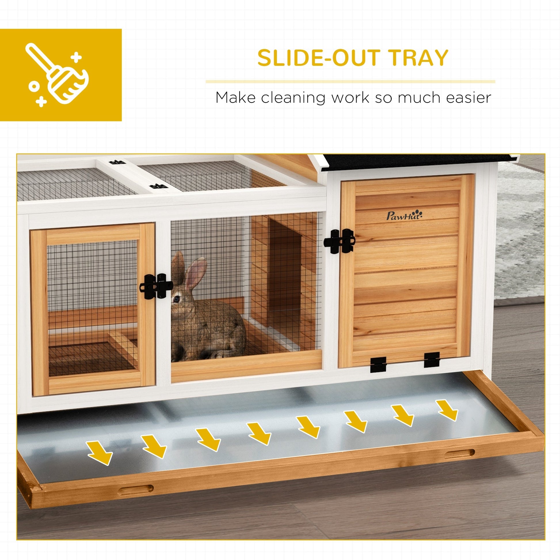 KFX-1178557 Yellow Wooden Rabbit Hutch with Wheels and Slide-out Tray for Small Animals