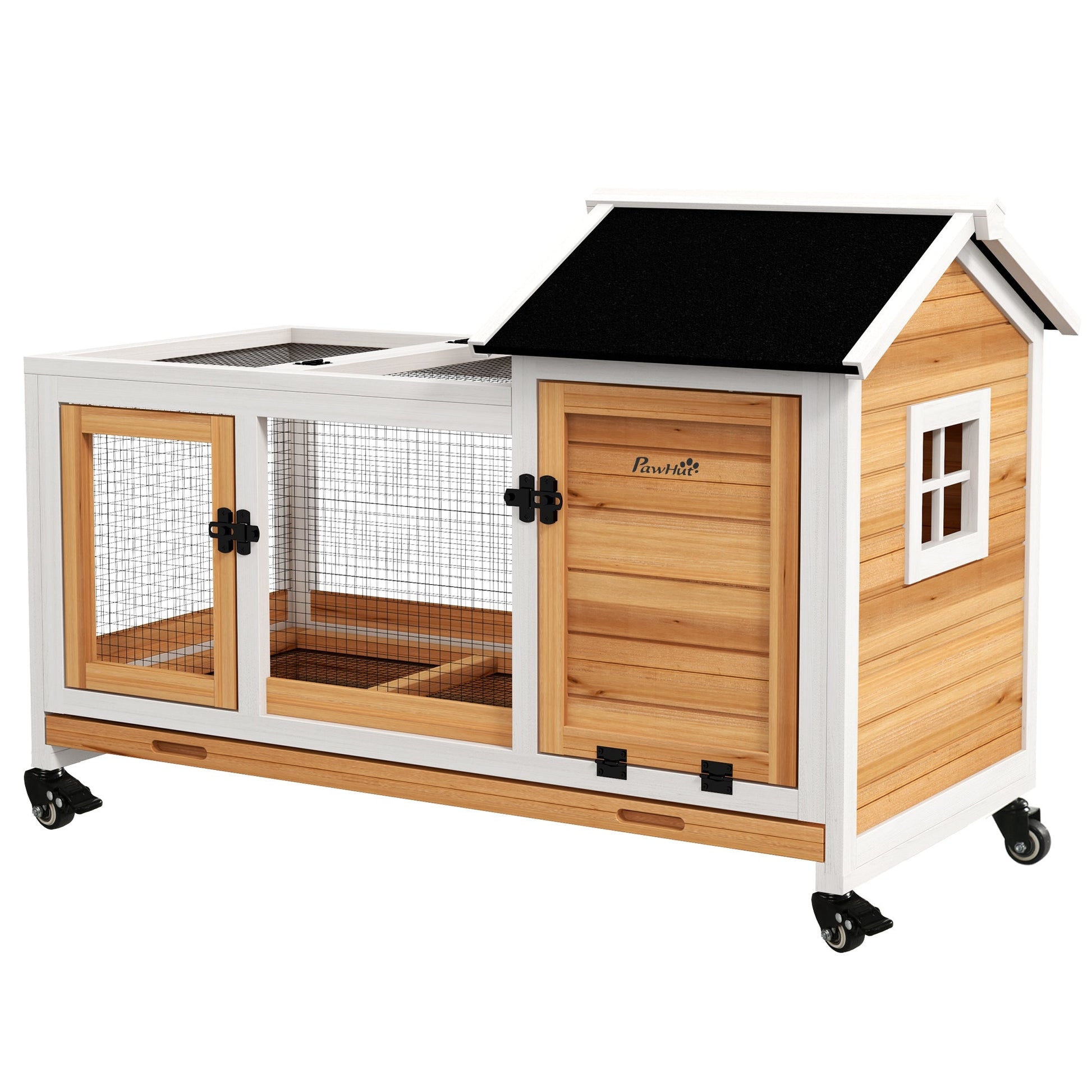 KFX-1178557 Yellow Wooden Rabbit Hutch with Wheels and Slide-out Tray for Small Animals