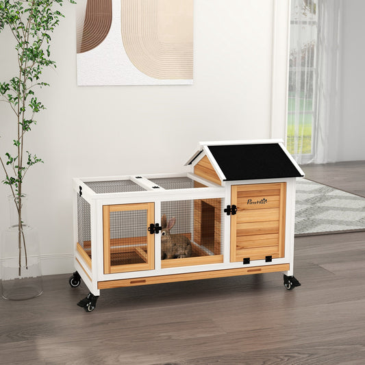 KFX-1178557 Yellow Wooden Rabbit Hutch with Wheels and Slide-out Tray for Small Animals