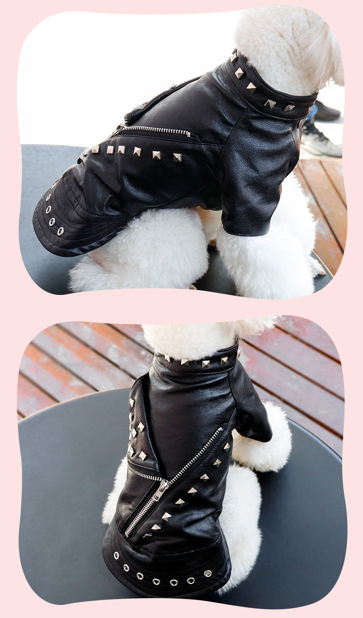 KFX-1183037 Stylish Rivet Black Leather Coat for Dogs and Cats - Ideal for Autumn and Winter, Sizes S to XL