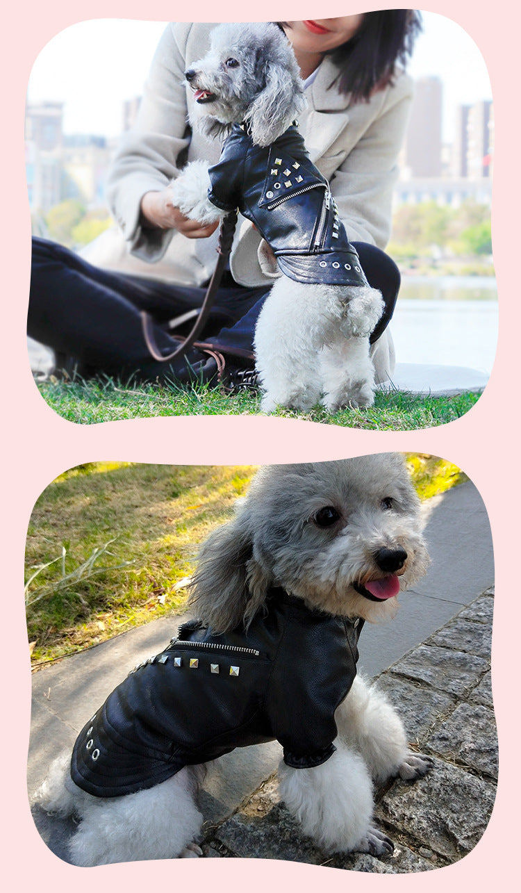 KFX-1183037 Stylish Rivet Black Leather Coat for Dogs and Cats - Ideal for Autumn and Winter, Sizes S to XL