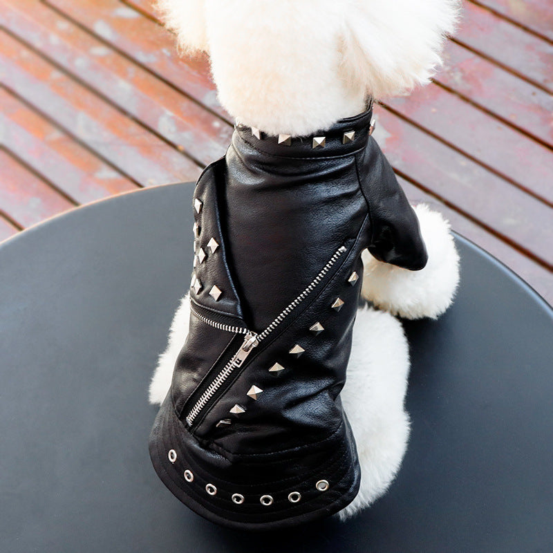 KFX-1183037 Stylish Rivet Black Leather Coat for Dogs and Cats - Ideal for Autumn and Winter, Sizes S to XL
