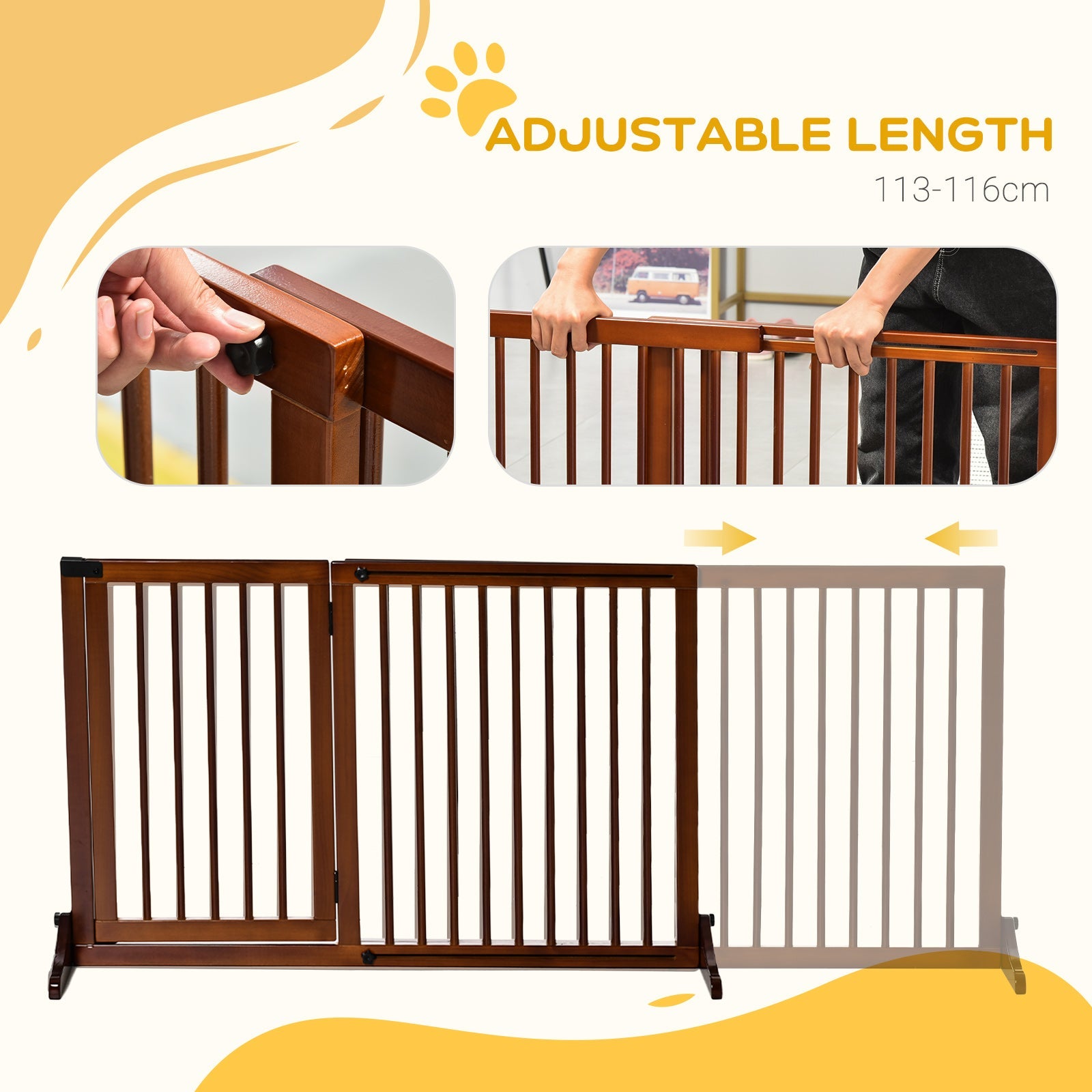 KFX-1186109 Adjustable Freestanding Wooden Pet Gate with Lockable Door, 3 Panels - Brown