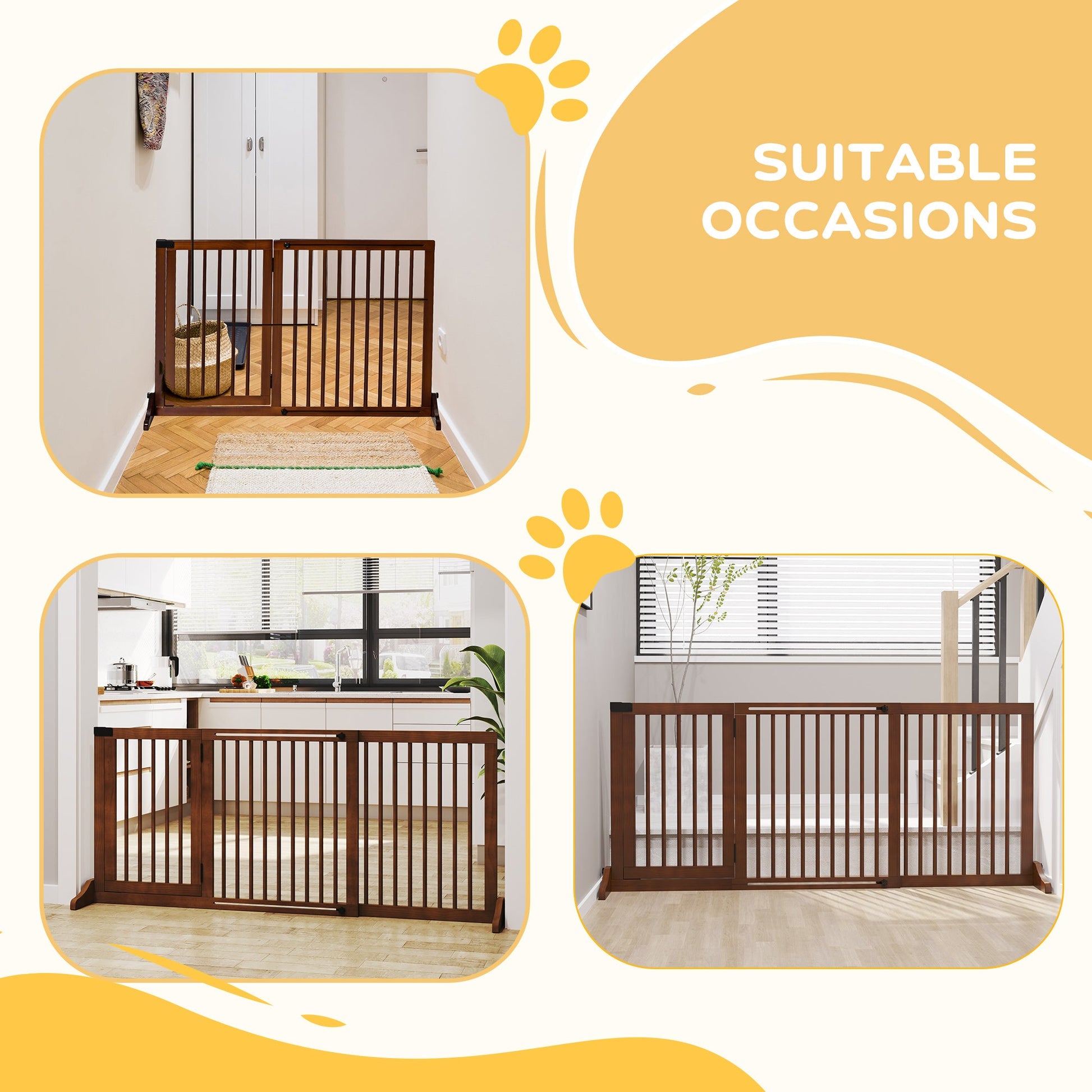 KFX-1186109 Adjustable Freestanding Wooden Pet Gate with Lockable Door, 3 Panels - Brown