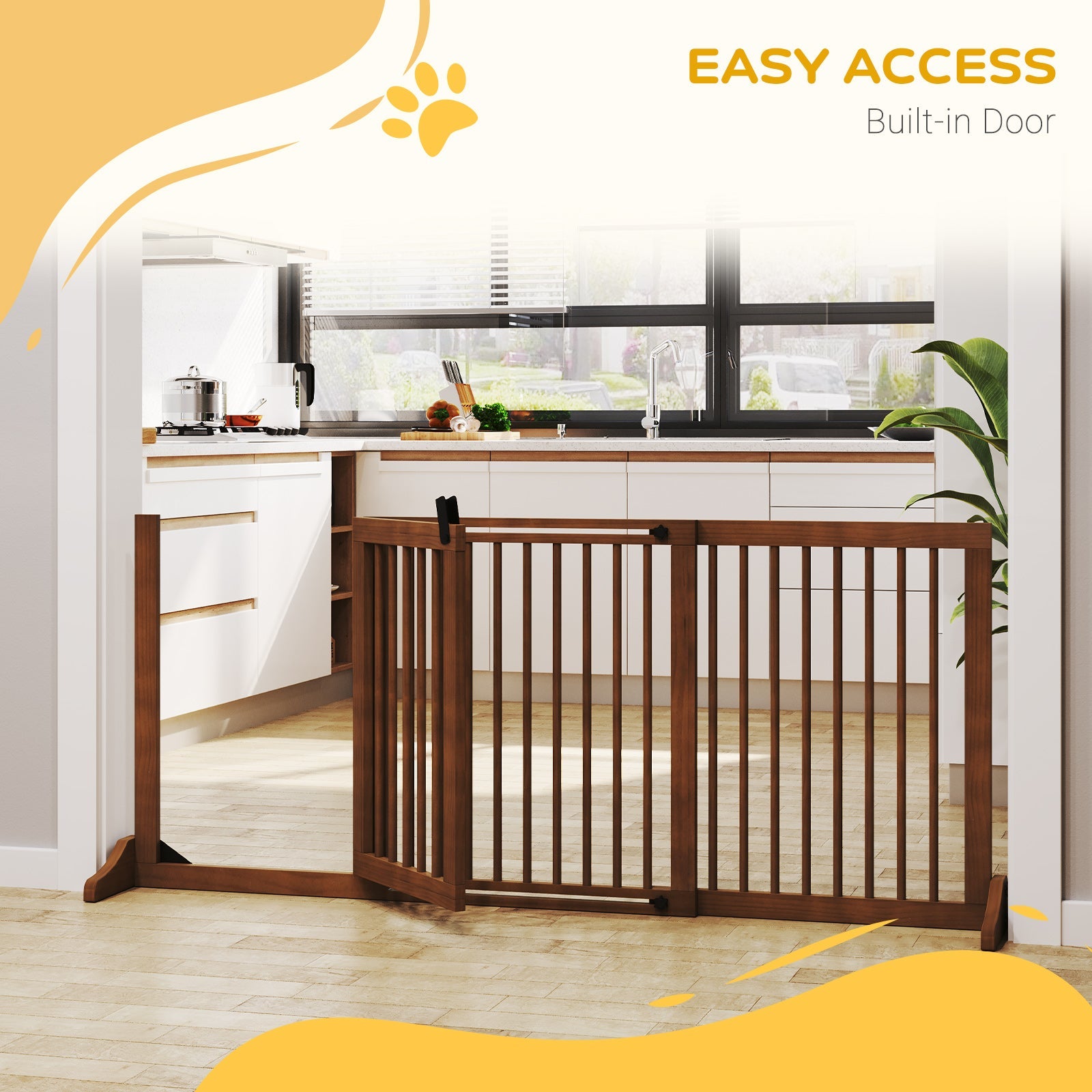 KFX-1186109 Adjustable Freestanding Wooden Pet Gate with Lockable Door, 3 Panels - Brown