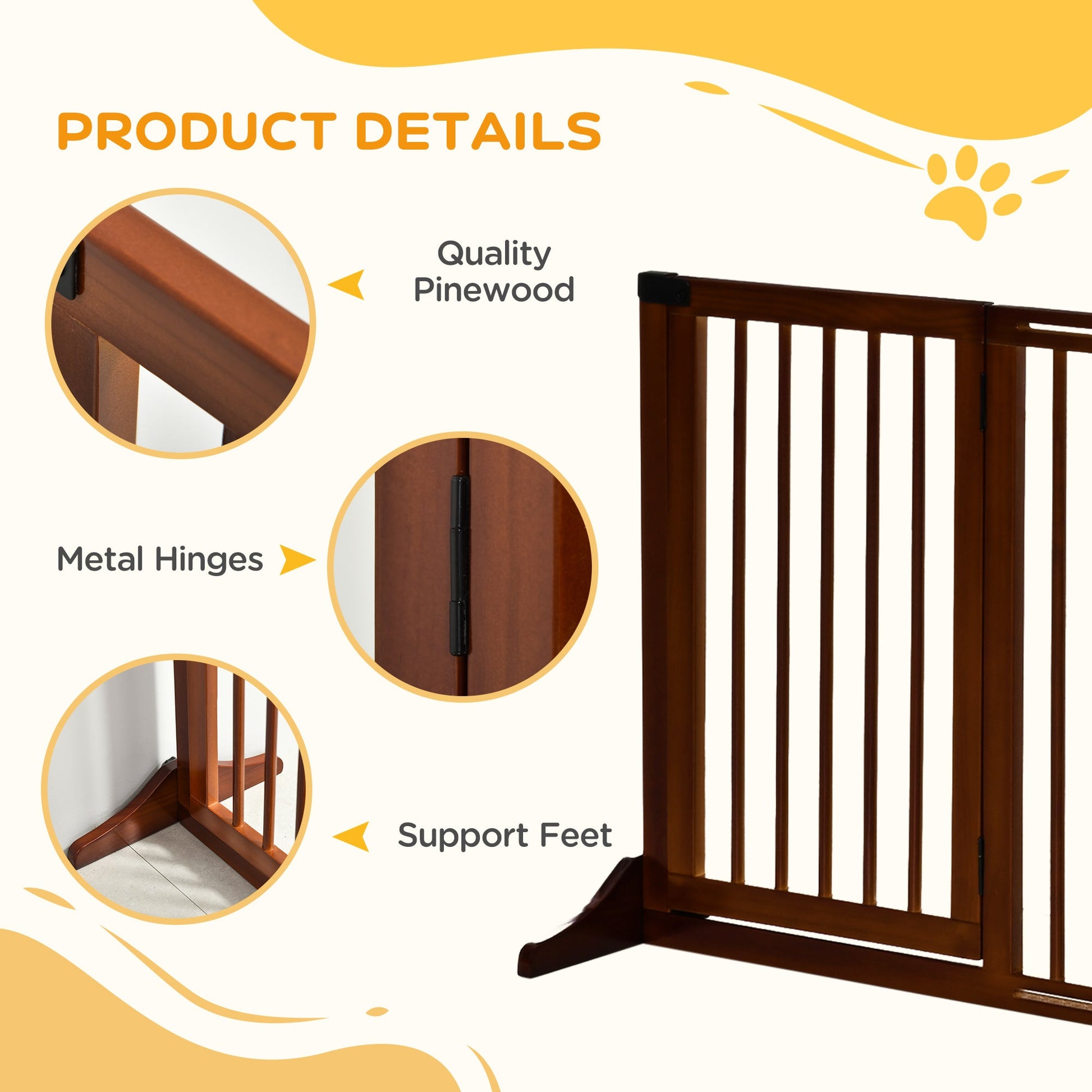 KFX-1186109 Adjustable Freestanding Wooden Pet Gate with Lockable Door, 3 Panels - Brown