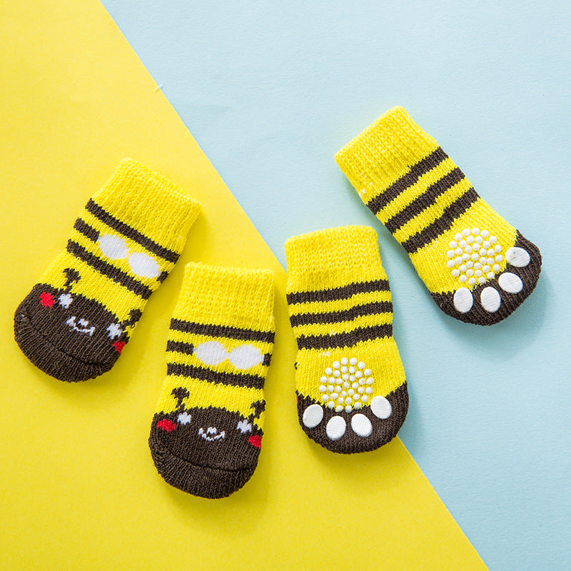KFX-1187261 Pet Knit Cotton Skid-Proof Socks for Dogs and Cats - Warm and Stylish Footwear, Set of 4
