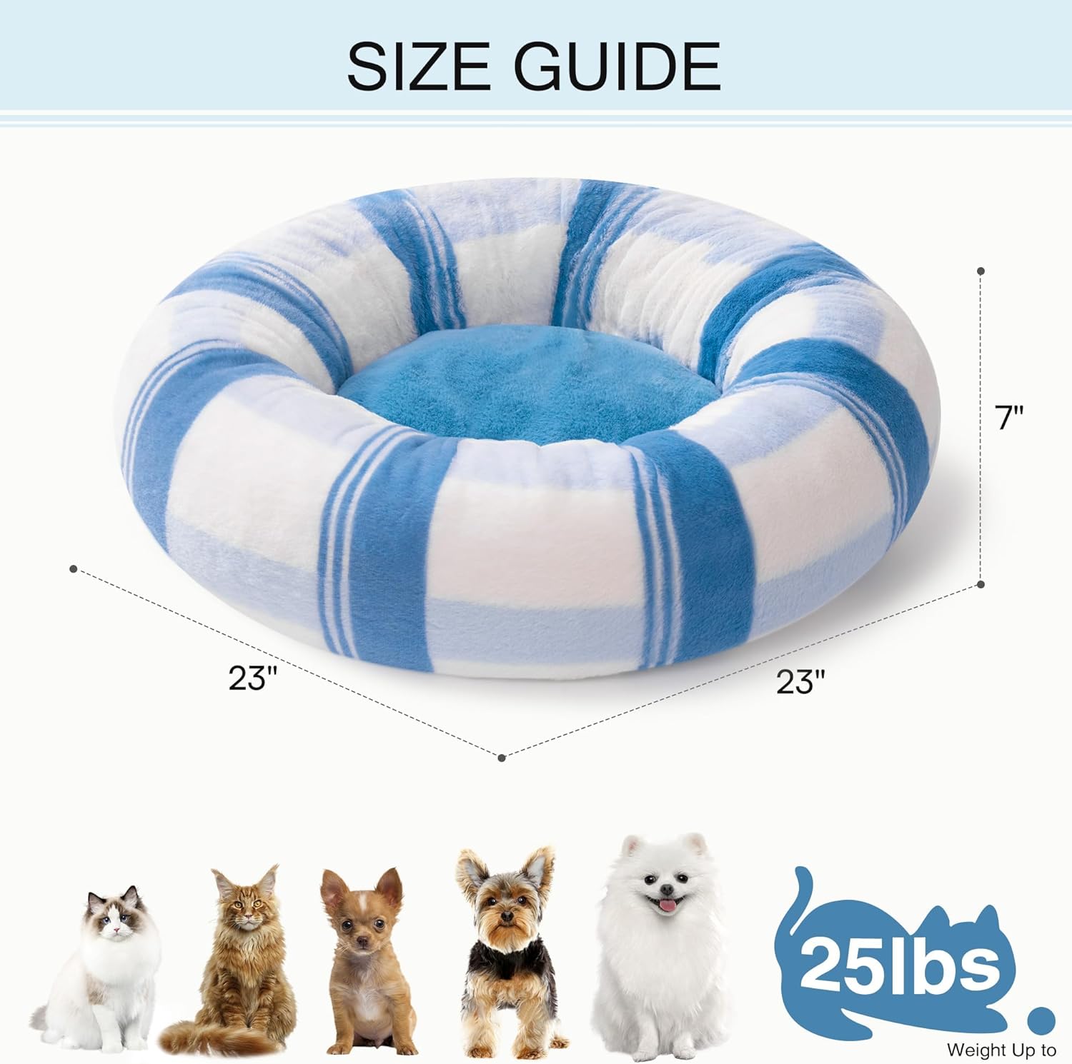 KFX-1194813 Soft Round Cat Bed for Indoor Cats - Calming Washable Pet Bed with Non-Slip Base, 23 Inch Blue Striped Design, Ideal for Small Dogs and Kittens