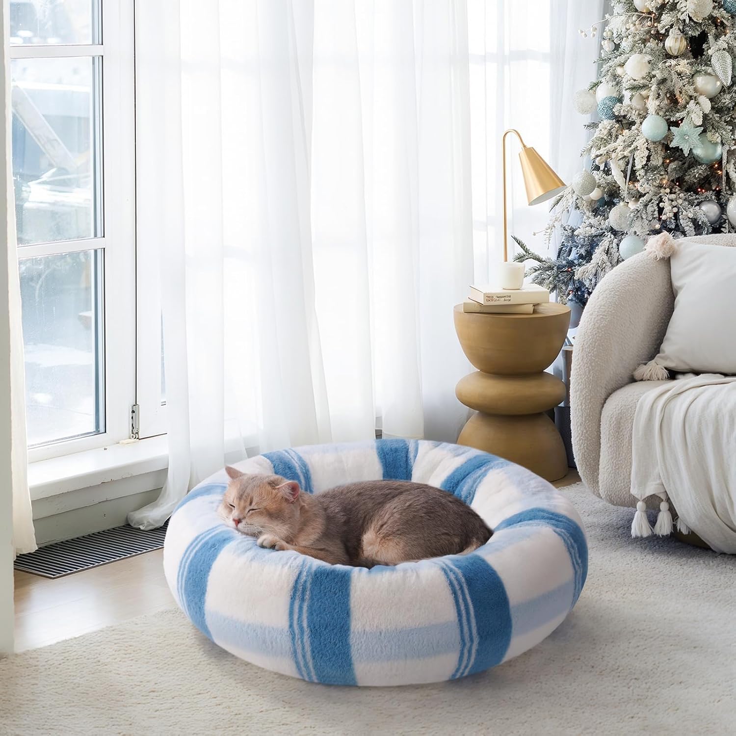 KFX-1194813 Soft Round Cat Bed for Indoor Cats - Calming Washable Pet Bed with Non-Slip Base, 23 Inch Blue Striped Design, Ideal for Small Dogs and Kittens
