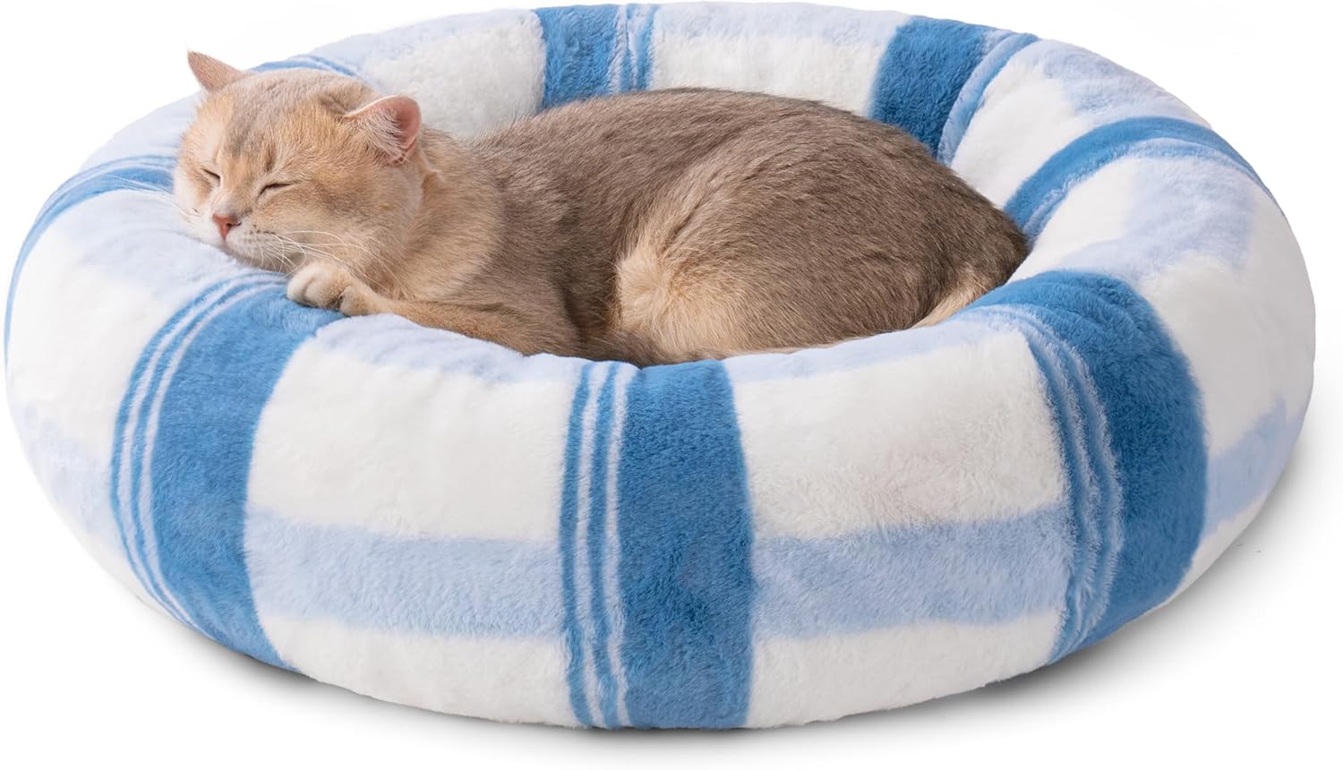 KFX-1194813 Soft Round Cat Bed for Indoor Cats - Calming Washable Pet Bed with Non-Slip Base, 23 Inch Blue Striped Design, Ideal for Small Dogs and Kittens