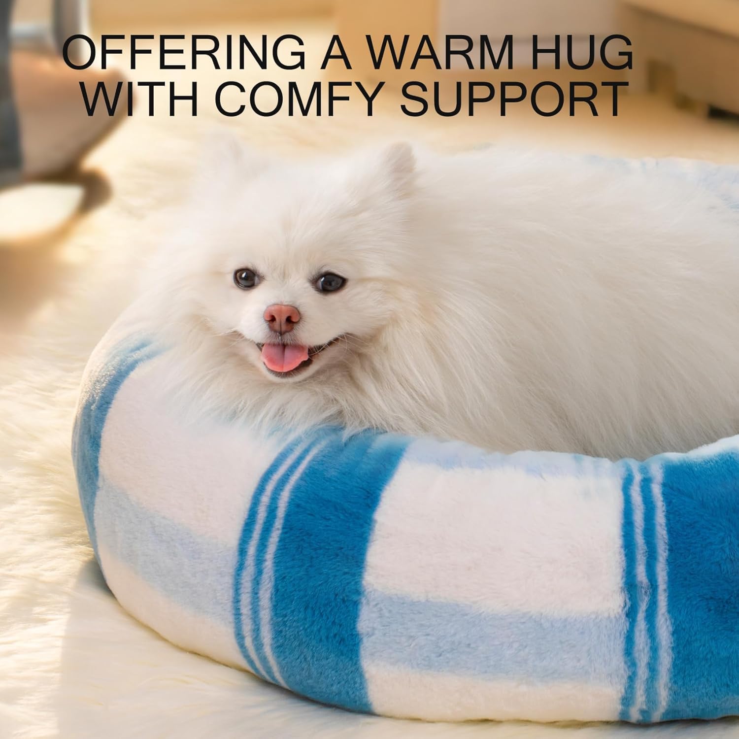KFX-1194813 Soft Round Cat Bed for Indoor Cats - Calming Washable Pet Bed with Non-Slip Base, 23 Inch Blue Striped Design, Ideal for Small Dogs and Kittens
