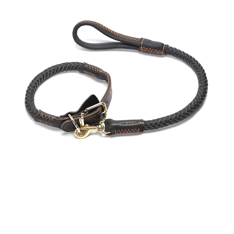KFX-1195965 Leather Dog Leash with Anti-Breakaway Chain for Medium and Large Breeds