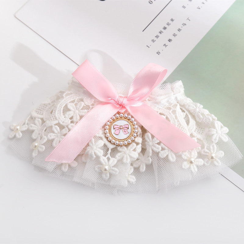 KFX-1198141 Elegant Lace Pearl Cat Collar - Pink & Blue Mesh Options Available, Multiple Sizes