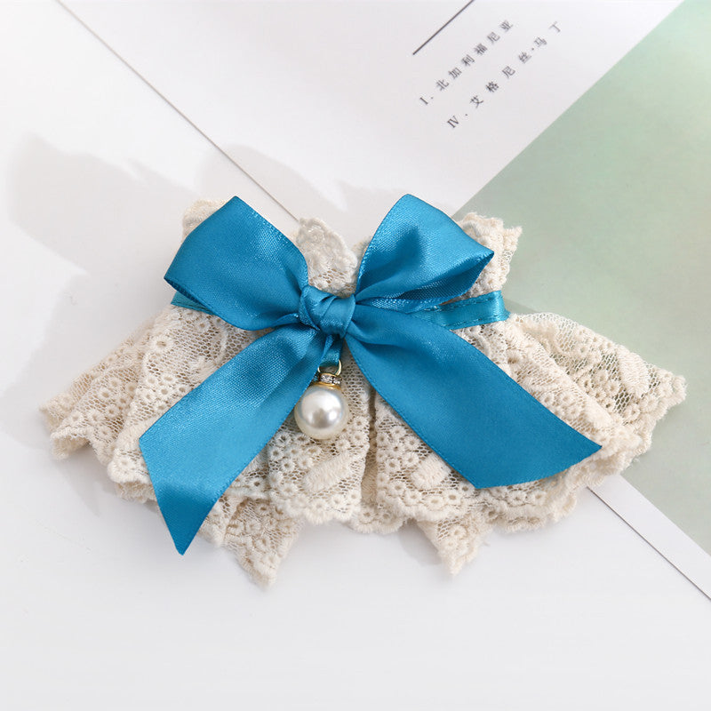 KFX-1198141 Elegant Lace Pearl Cat Collar - Pink & Blue Mesh Options Available, Multiple Sizes