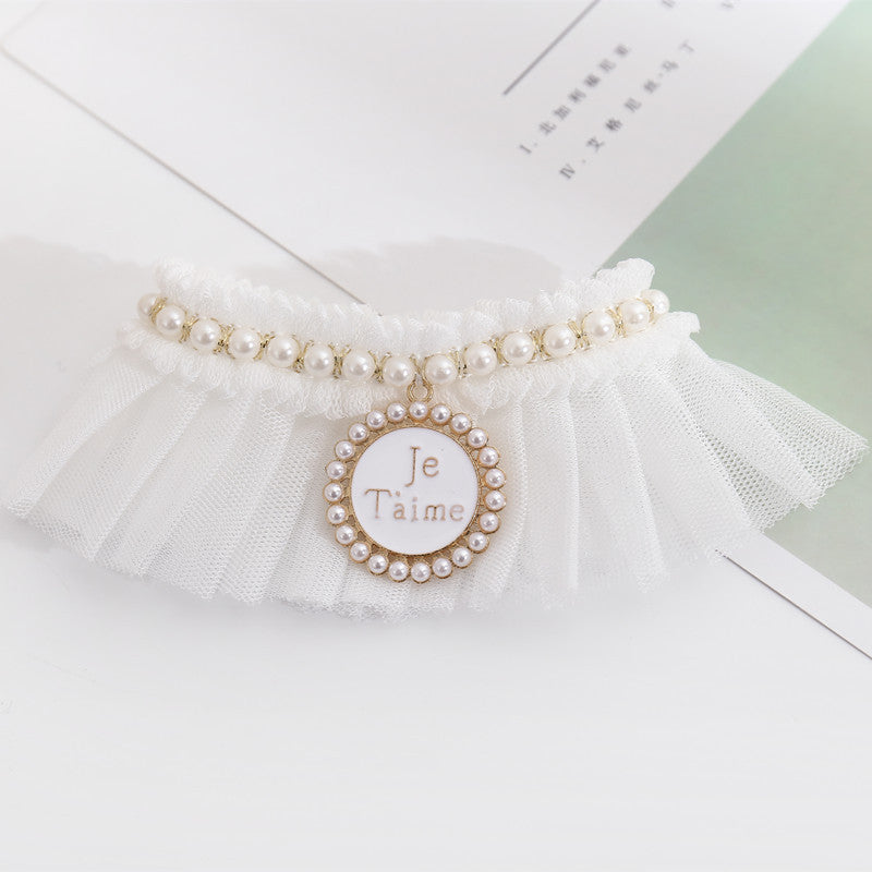 KFX-1198141 Elegant Lace Pearl Cat Collar - Pink & Blue Mesh Options Available, Multiple Sizes