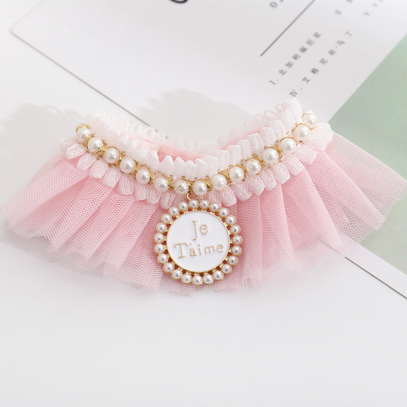KFX-1198141 Elegant Lace Pearl Cat Collar - Pink & Blue Mesh Options Available, Multiple Sizes