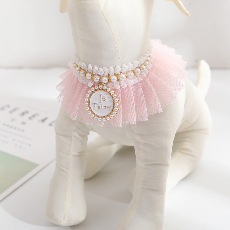 KFX-1198141 Elegant Lace Pearl Cat Collar - Pink & Blue Mesh Options Available, Multiple Sizes