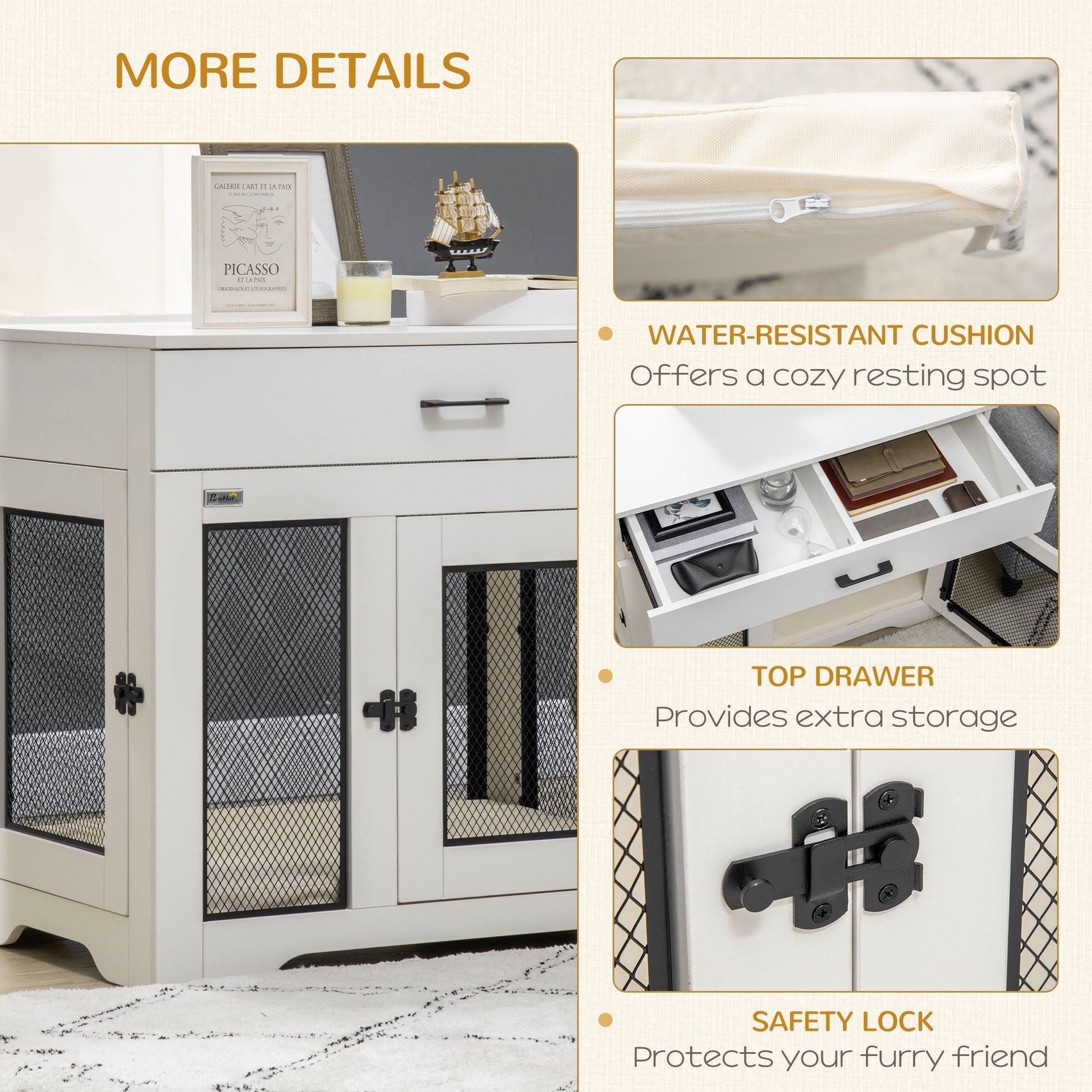 KFX-1199805 Stylish Indoor Dog Crate with Soft Water-Resistant Cushion and Storage Drawer, Suitable for Small Dogs