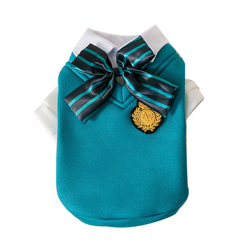 KFX-1206973 College Style Dog Bow Tie and Sweater Dress Set in Green - Fashionable, Simple Design for Pets