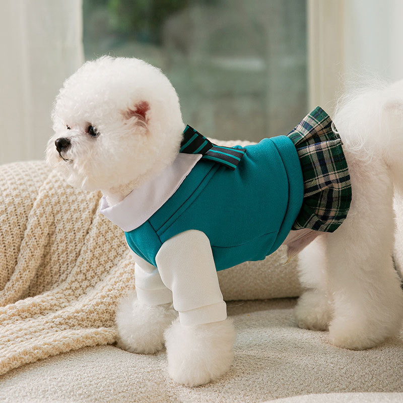KFX-1206973 College Style Dog Bow Tie and Sweater Dress Set in Green - Fashionable, Simple Design for Pets