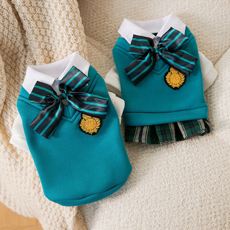 KFX-1206973 College Style Dog Bow Tie and Sweater Dress Set in Green - Fashionable, Simple Design for Pets