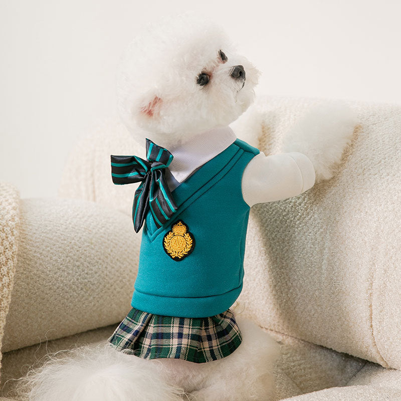 KFX-1206973 College Style Dog Bow Tie and Sweater Dress Set in Green - Fashionable, Simple Design for Pets